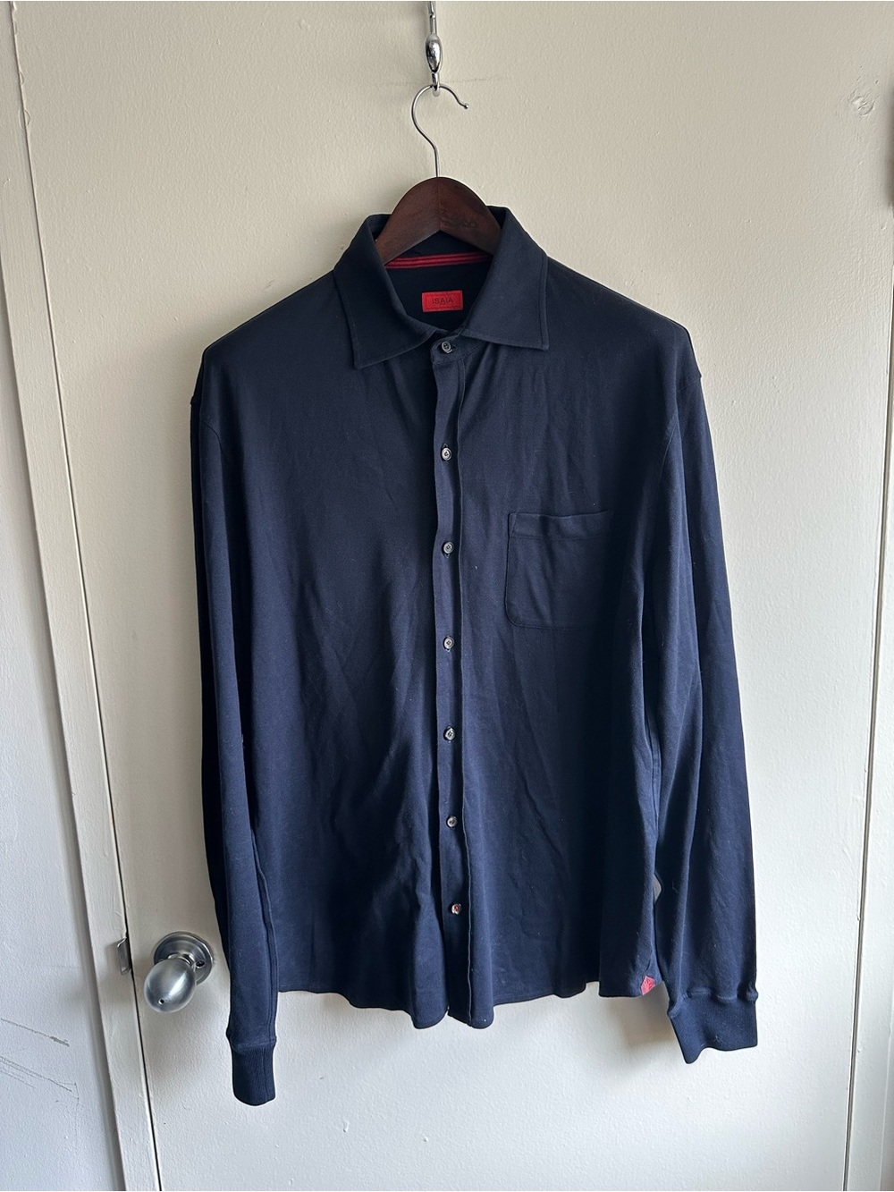 Isaia Navy Long-Sleeve Casual Knit Button-Down Shirt US42